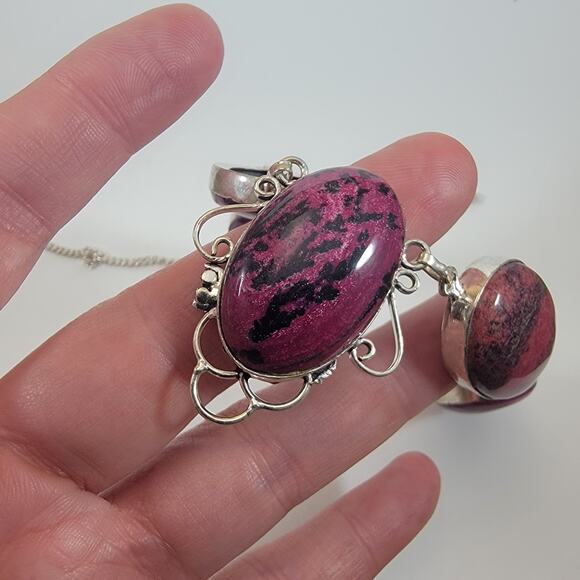 Handmade Rhodonite Gemstone Necklace Sterling Silver Elegant Purple Pink Jewelry - Picture 7 of 10